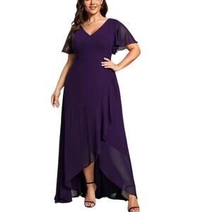 Ever Pretty Purple High Low Elegant Lotus Sleeves Chiffon Bridesmaid Dress Large